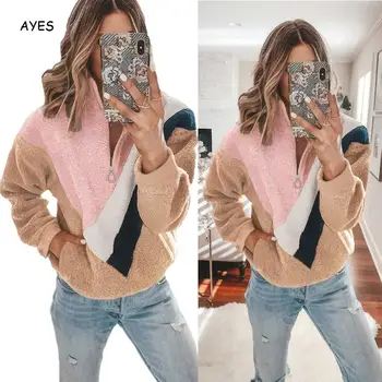 

2019 Fashion Teddy Sweatshirt Patchwork Teddy Outwear Fur Hoodies Warm Streetwear Turn Down Collar Long Sleeve Fur Sweatshirt