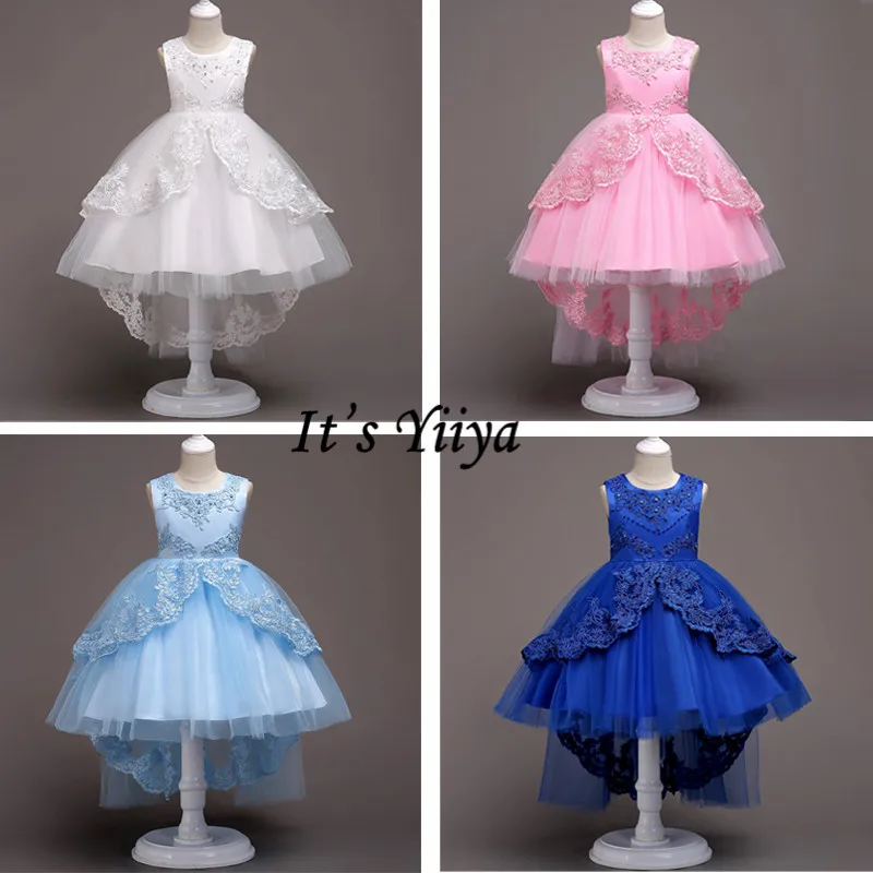 

It's YiiYa Flower Girl Dress Weding O-neck Bow Lace Dresses For Girls Elegant Sleeveless White Blue Pink Kid Party Gowns 584