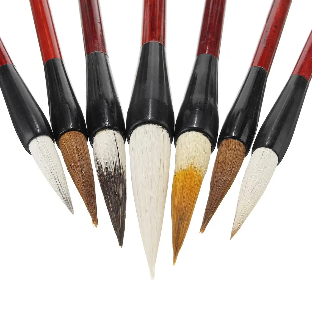 7PCS Brown White Weasel Pony Wool Hair Chinese Japanese Calligraphy Brush Pen Set Art for School Darwing Supplies + Storage Box