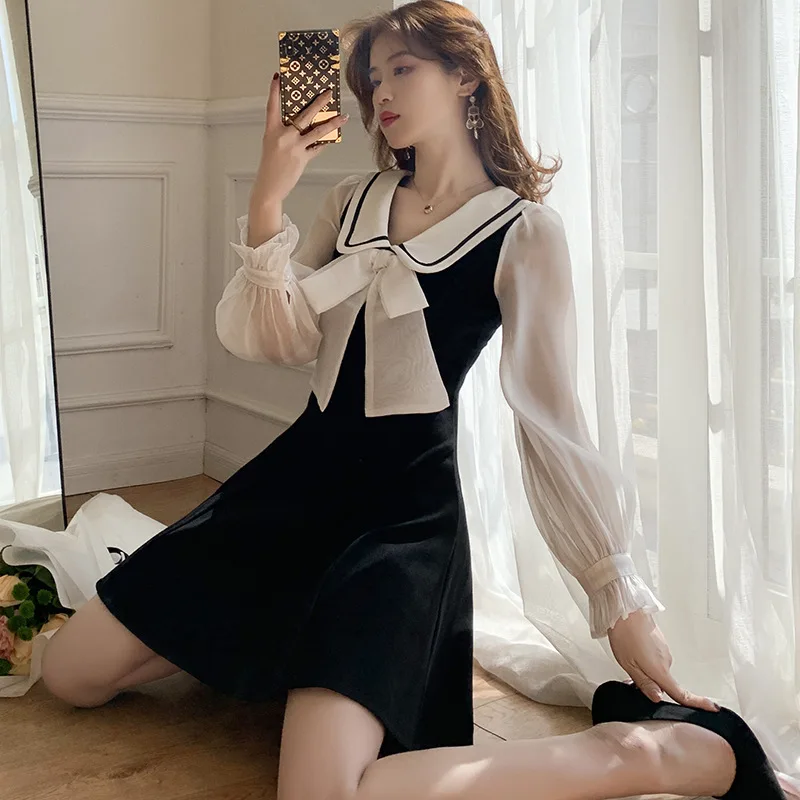 

2020 Spring Clothing New Style College Style Peter Pan Collar Large Bow by Age Slim Fit Slimming A- line Dress Women's