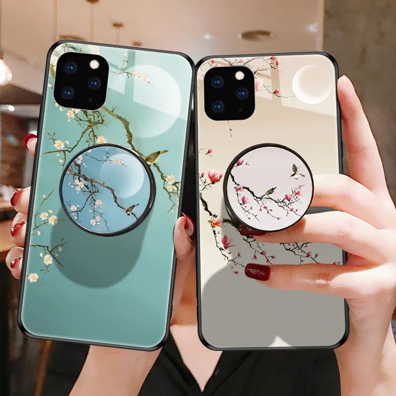 Элегантный чехол сливы для iPhone 11 Pro s подставка Противоударная стеклянная задняя