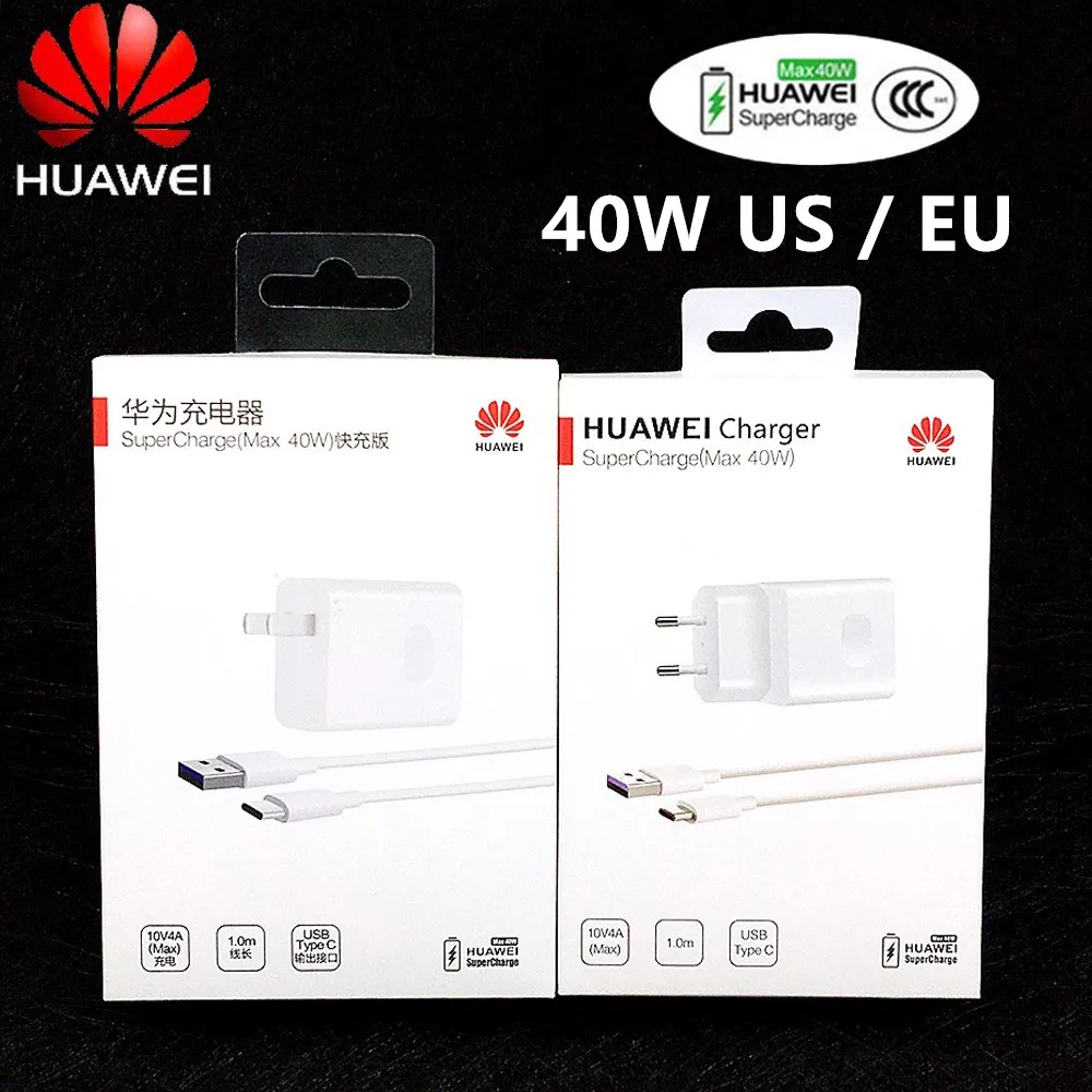 Зарядное устройство huawei,, 40 Вт, ЕС, быстрая зарядка, адаптер питания, 5 А, Тип c, кабель usb для mate 30 pro nova 5 5t 5 pro 6 p20 p30 pro