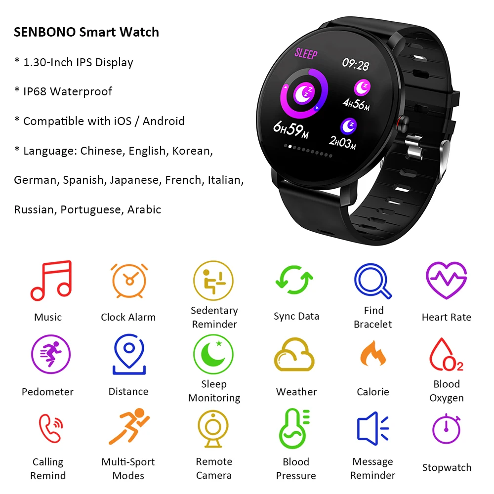 SENBONO K9 Смарт часы 1,30 дюймов ips дисплей Smartwatch IP68 Водонепроницаемый BT4.0 фитнес Таймер шагомер калорий, расстояния пульса