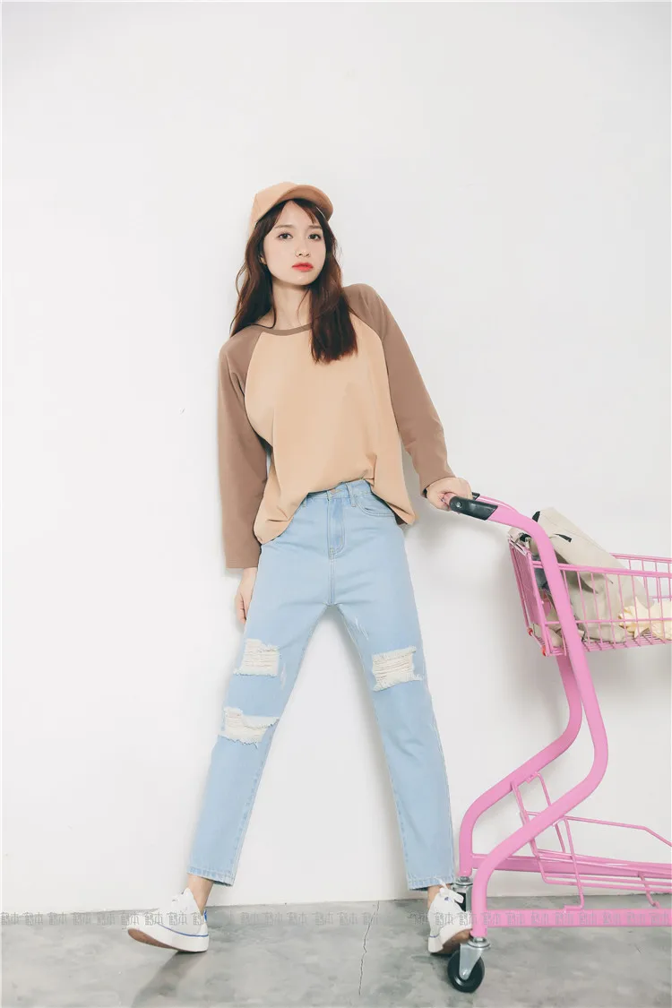With Holes Straight-Cut Jeans Women's Autumn New Style WOMEN'S Dress Yiwu Solid Color Casual Slimming WOMEN'S Pants