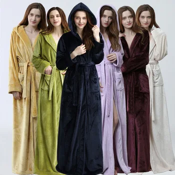 

Women Plus Size Long Warm Flannel Bathrobe Winter Bathrobe Bridesmaid Hooded Dressing Gown Sexy Bride Robe Solid Night Sleepwear