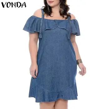 

VONDA 2020 Summer Mini Dress Sexy Strap Ruffled Demin Party Dresses Casual Loose Solid Color Sundress Plus Size Bohemian Robe