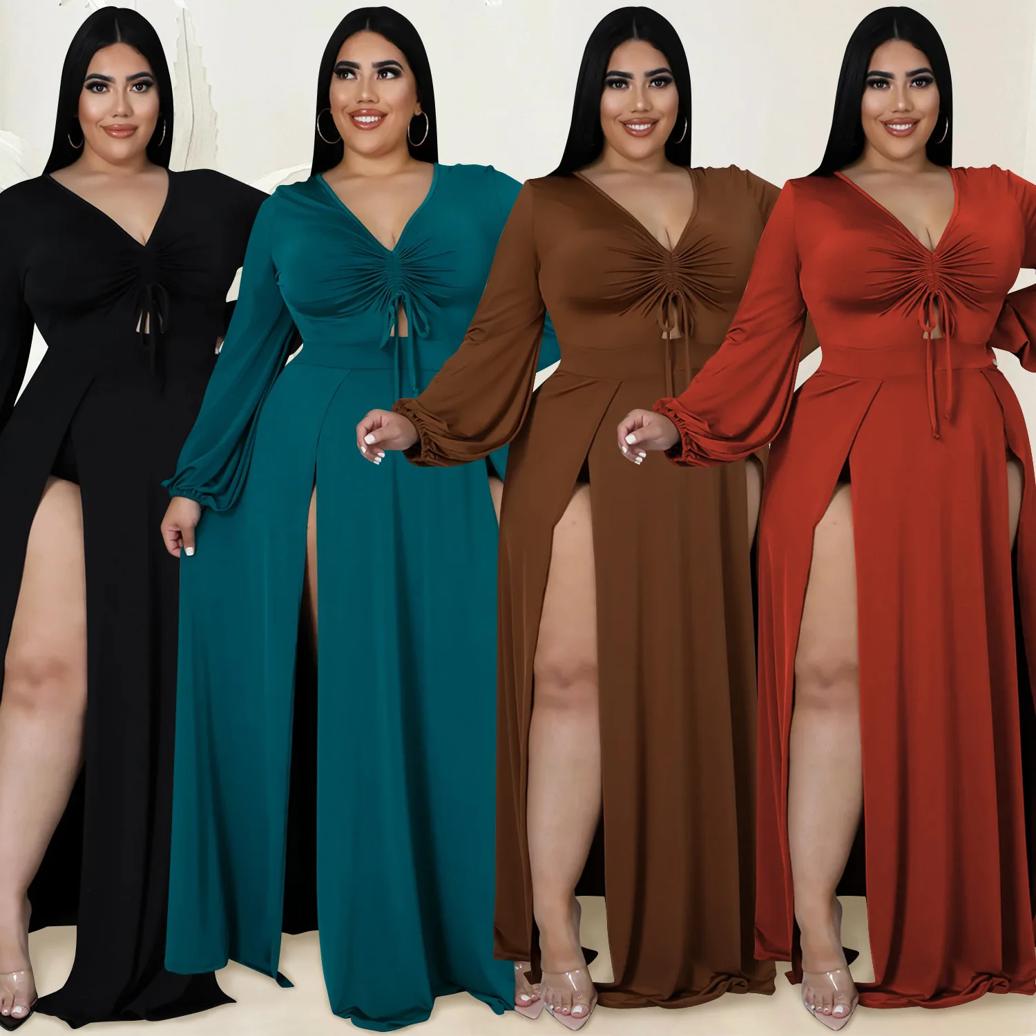 

2022 Fashion Women Dress Sexy High Split V Neck Drawstring Long Sleeves Club Maxi Dress 2PCS with Inner Shorts