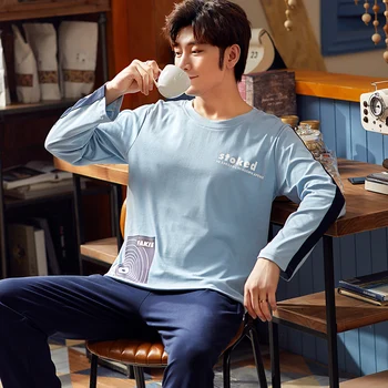 

2020 Autumn Winter Men Cotton Pajamas Long Sleeve Male Pajama Set Men Long Pants Pajamas For Men Sleepwear Suit homewear 3XL