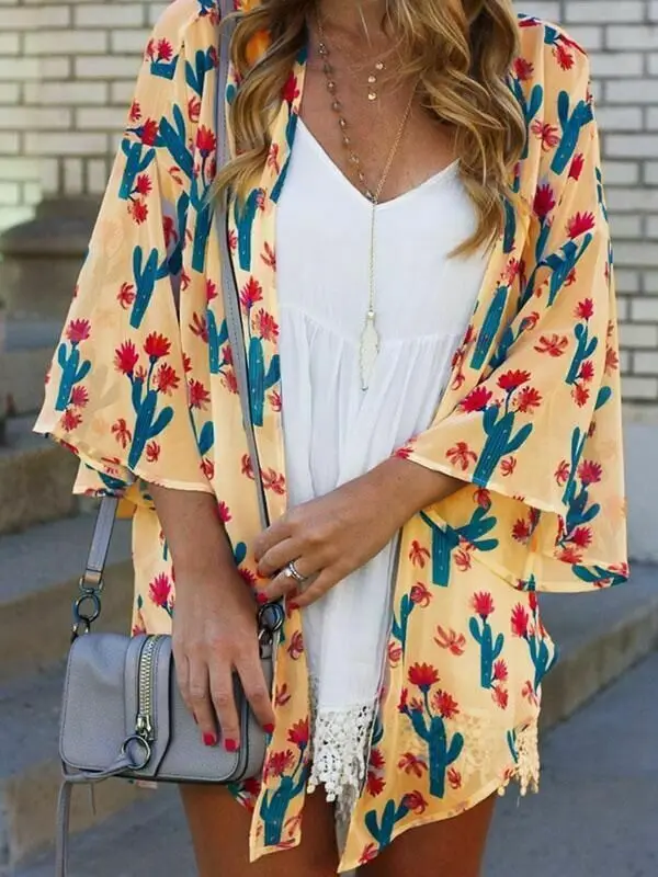 4 цвета, женские Цветочные Свободные шали кимоно в винтажном стиле, кардиган, шифоновое пальто, куртка, блузка, Осенний Цветочный Универсальный короткий топ