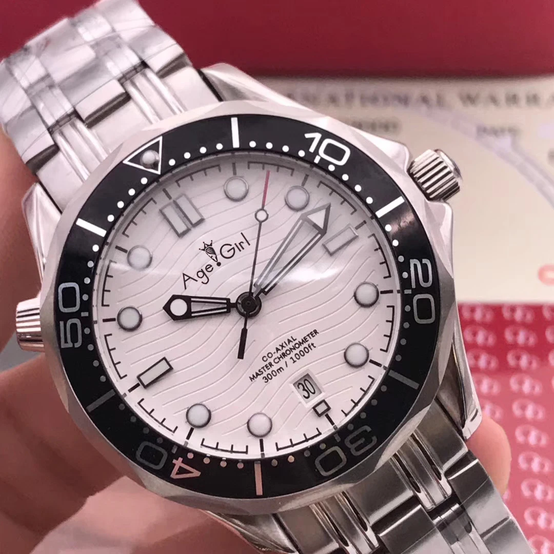 

Luxury Brand New Men Automatic Mechanical Silver White James Bond 007 Black Blue Ceramic Bezel Crystal Sapphire Watch Luminous