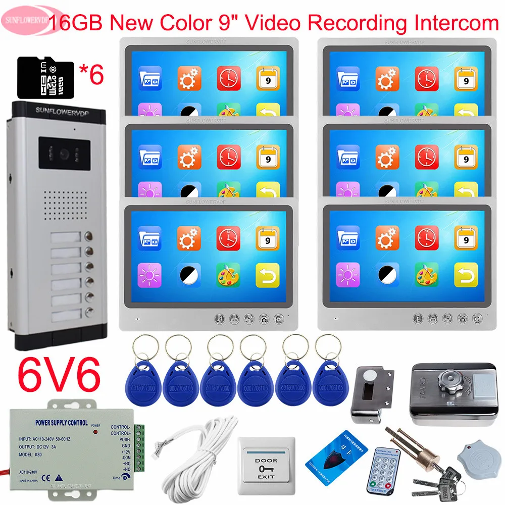 For 6 Apartments Video Door Phone With Recording +16 GB TF Card Intercom Intercoms for a Private House With Rfid Electronic Lock