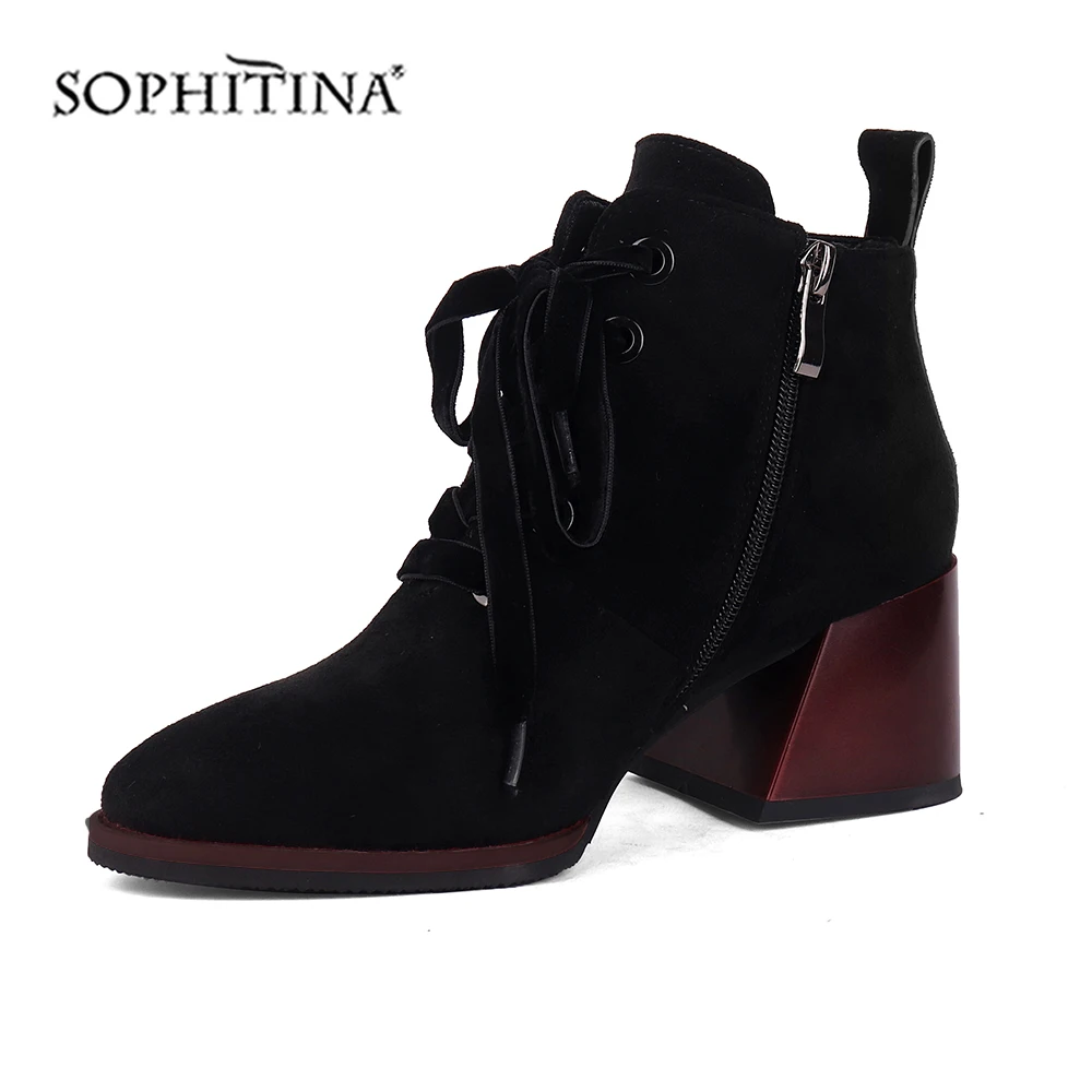 Ceny SOPHITINA wygodne buty na kwadratowym obcasie sznurowane moda na zamek błyskawiczny Sexy Pointed Toe Handmade nowe damskie botki buty BY136