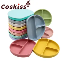 Coskiss Juego de alimentación de silicona para bebé, plato de tres rejillas, tenedor, cuchara, antideslizante, para aprender a comer, vajilla para niños pequeños