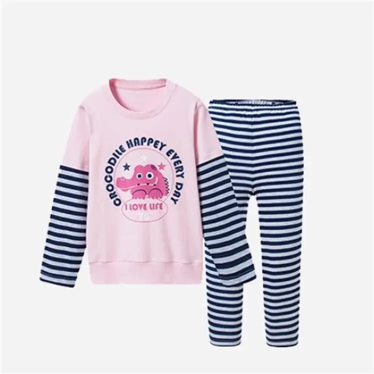 THREEGUN детская зимняя Пижама; одежда для сна с мультяшным крокодилом 2 шт./компл. из хлопка; теплая одежда для сна для детей, теплые Термальность комплект нижнего белья - Цвет: Light Pink