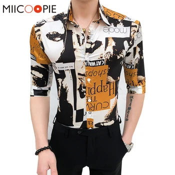 

Asian Sizes Button Down Mens Shirt New Brand Slim Fit Half Sleeve Chemise Homme Fashion Letter Printed Blouse Men Streetwear