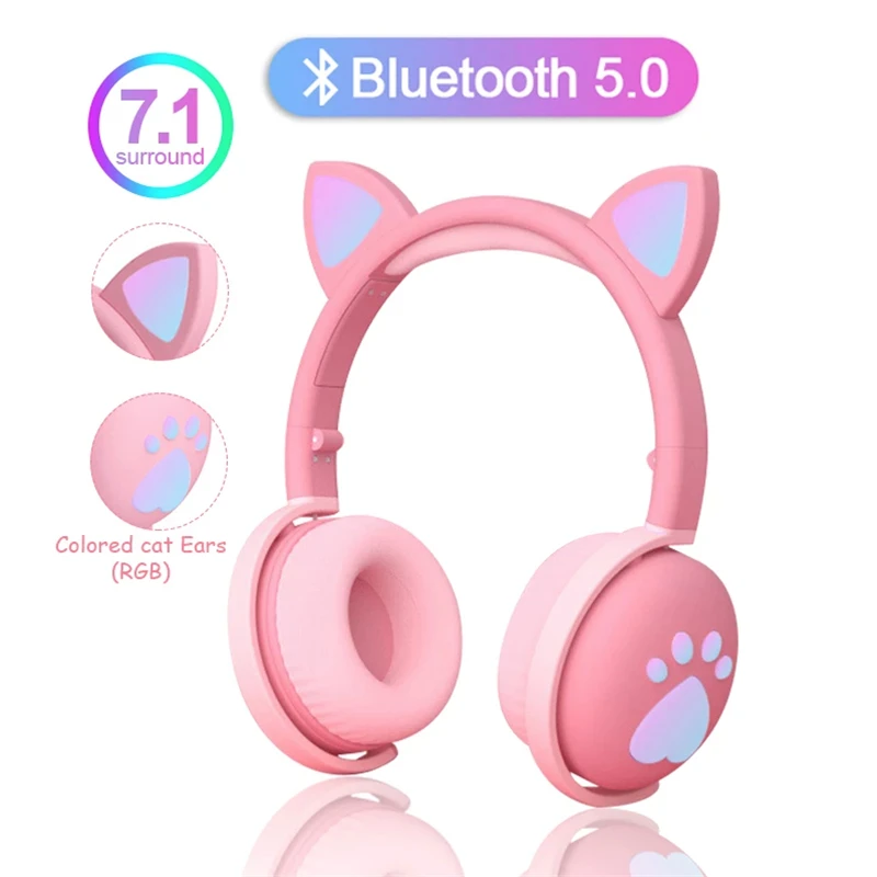 7 1 Stereo Cute Cat Bluetooth Wireless Pink Headphone With Microphone Flashing Light Noise Cancel Earphone Music Girls Kid Gifts