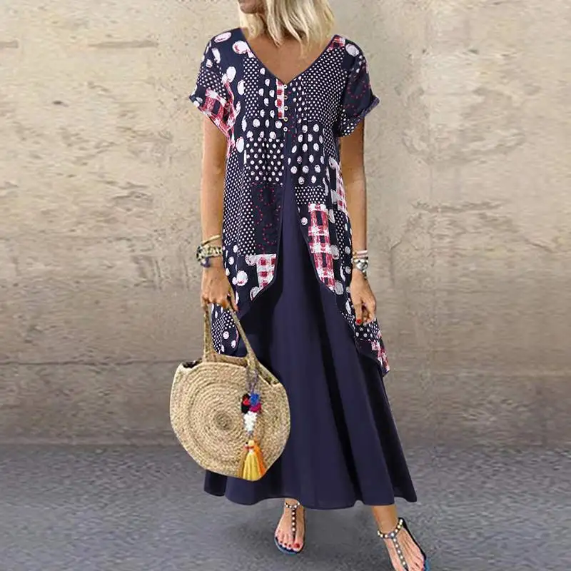 Skup 2020 ZANZEA jesień lato sukienka kobiety Polka Dot nadruk patchworkowy plisowana maxi plus size długa sukienka Sexy V Neck Vestidos Sundress
