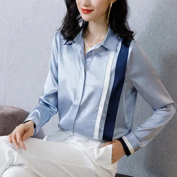 

2020 Spring and Summer New Style Contrast Color Important Silk Shirts Polo Collar Long Sleeve Satin Slim Fit Elegant shirts