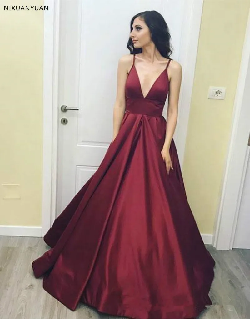 Burgundy Simple Sexy V-neck Prom Dresses Sexy Spaghetti Strap A Line Stain Formal Evening Dresses Long Party Gowns