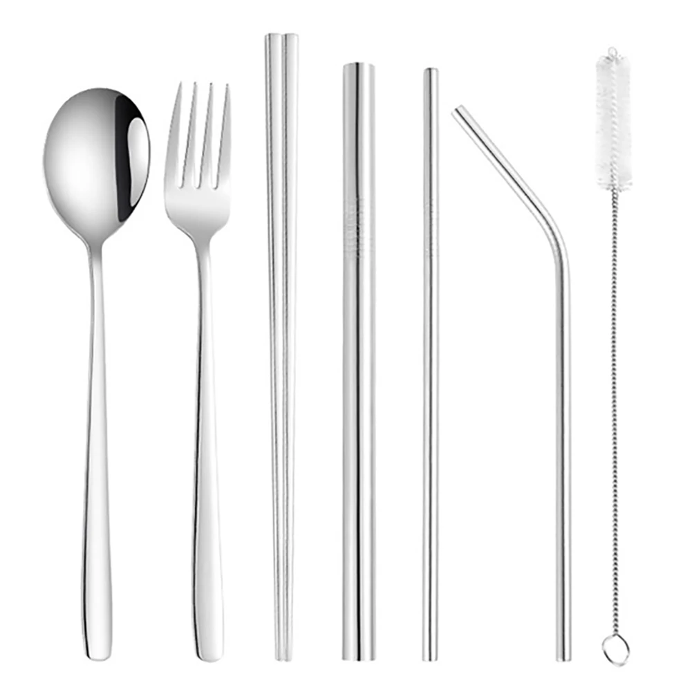 Hot 8Pcs Stainless Steel Tableware Kit Chopsticks Spoon Fork Straws Cutlery Set New
