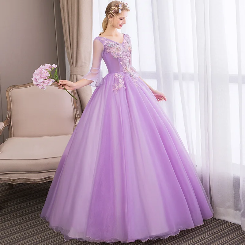 3/4 рукава Бальные платья vestidos De 15 Anos милые 16 Платья пышные платья для выпускного вечера платья вечерние светильник фиолетовое платье