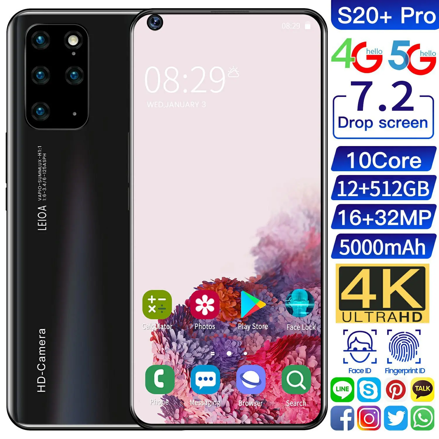 2021Global Version S20+ Pro 7.2 Inch Smartphone 12+512GB 4K HD Screen 10 Core 5800mAh Support Fingerprint Unlock 4G 5G Cellphone