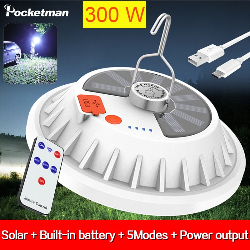 

350W LED Bulb Bright USB Rechargeable Lamp Remote Control Solar Charge Lantern Portable Emergency Night Market Light Camping