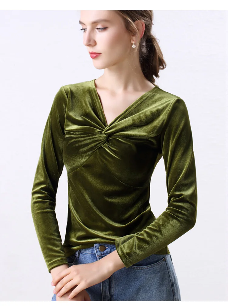 Винтажные велюровые женские рубашки, Женские топы и блузки с длинным рукавом зеленого и черного цвета, женская блузка с v-образным вырезом, зимние сексуальные топы