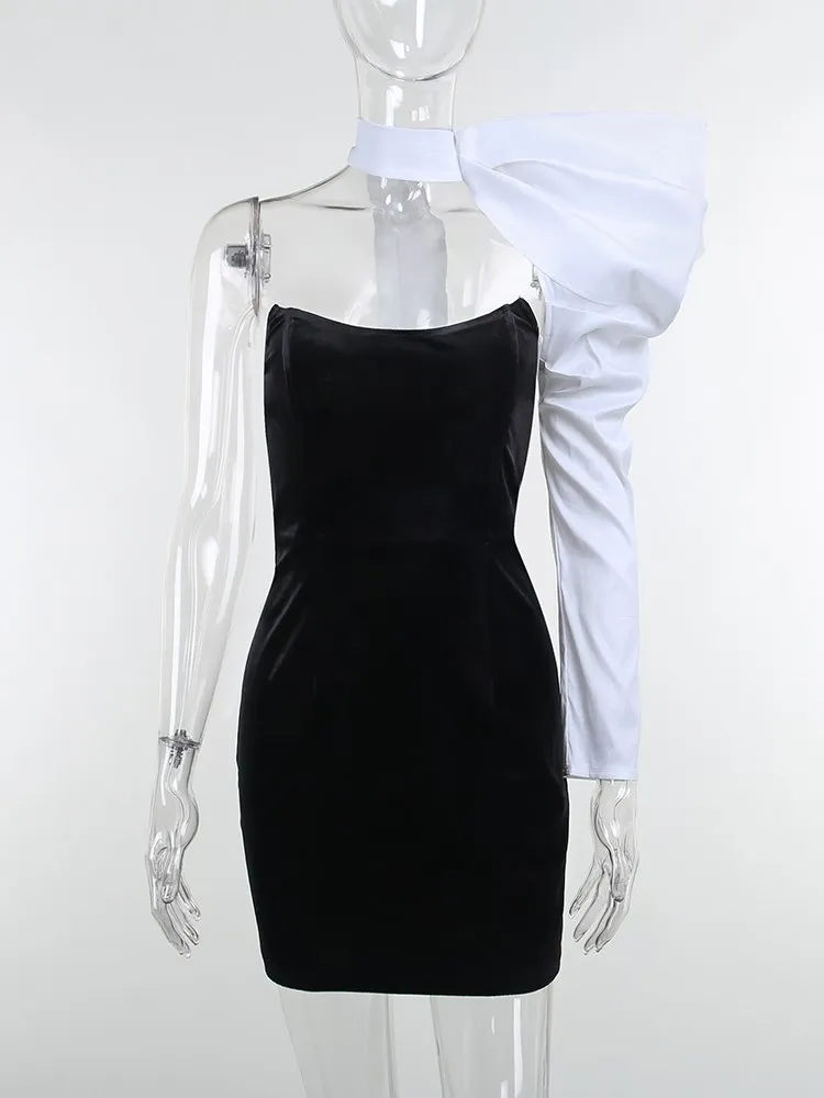 Elegante minivestido de fiesta con un solo hombro y mangas abullonadas, de patchwork, sin espalda, sexy, ajustado, para noche y club, 2025