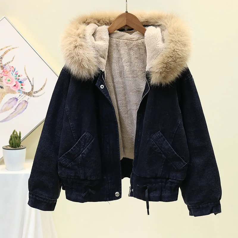 winter fox fur hooded faux fur lining denim jacket women coat casual modish Korean warm thicken black jeans jackets coats