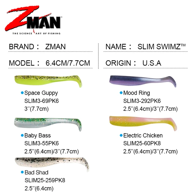 Original in American ZMAN SLIM SWIMZ Fishing Lure Soft Baits 6.4cm/7.7cm  6pcs/bag