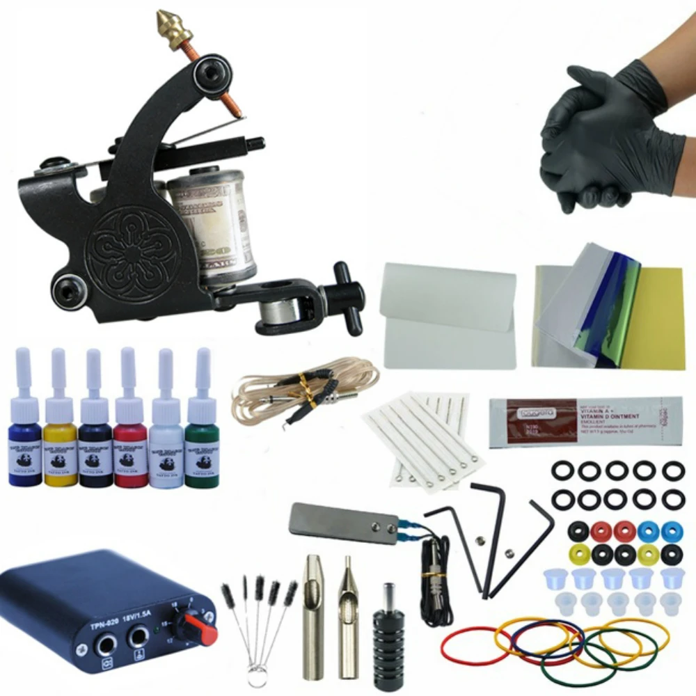 

Complete Tattoo Machine Kit Needle Ink Black Power Supply Complete Liner Shader for Beginner