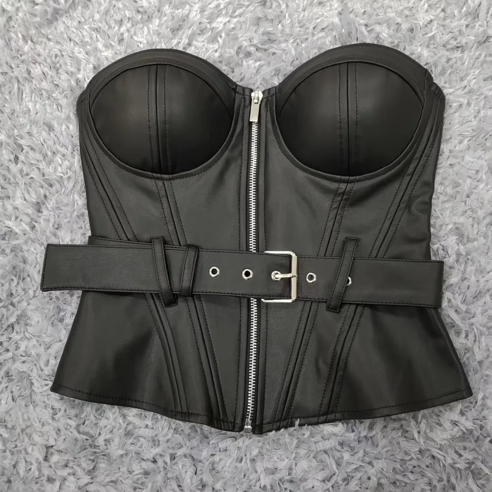 Летняя мода сексуальный без бретелек с открытой спиной черный кожаный топ как у знаменитостей, дизайнерские модные топы
