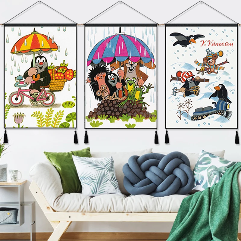 

Czech Cartoon Krtek Mole Hanging Cloth Cotton Line Paintings Posters Home Decor Wall Hanging Tapestry Gift