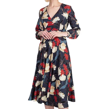 

French 2020 Women's Printed V-neck Nine-point Sleeve Floral Print Office Dress Vintage Retro