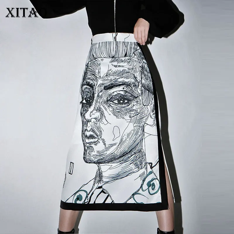 

XITAO Elastic Waist Skirt 2020 Spring Elastic Waist Print Pattern Split Loose Plus Size Minority Casual Style Skirt DMY3990