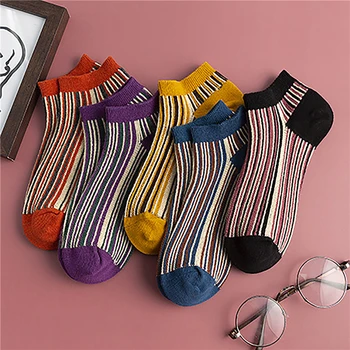 

5 Pair Pack Socks Women Cotton Stripes Korean Harajuku Art Boat Socks Japanese Personalized Creative Fashion Colorful Socks Set