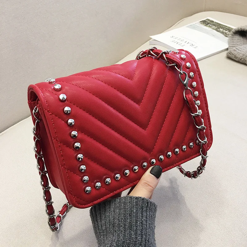 

Spiraea V Pattern Bag Women's 2019 New Style Bag with Chain Graceful Bag Crossbody Bag Rivet Square Sling Bag Women's