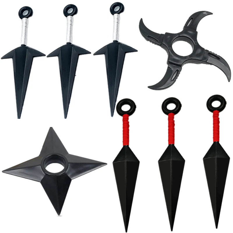 Anime Naruto broń Cosplay, Kunai Shuriken rzutki, akcesoria z tworzywa sztucznego, figurki rekwizyty, figurki kolekcjonerskie, chłopiec dzieci zabawka prezent, zestaw 7 sztuk