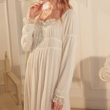 

Wmyqdlq 2020 Autumn Woman Nightdress Palace Elegant Retro Generous Neck Skirt Long Sleeve Lace Long Dress Solid Color Pajamas