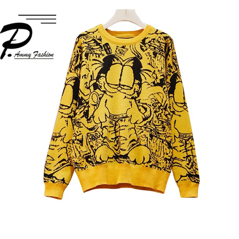 New Korean Garfield Sweater Cartoon Cute Loose Pullover Autumn Winter Fashion Girl Clothes Tops Female thicken Knit Sweater