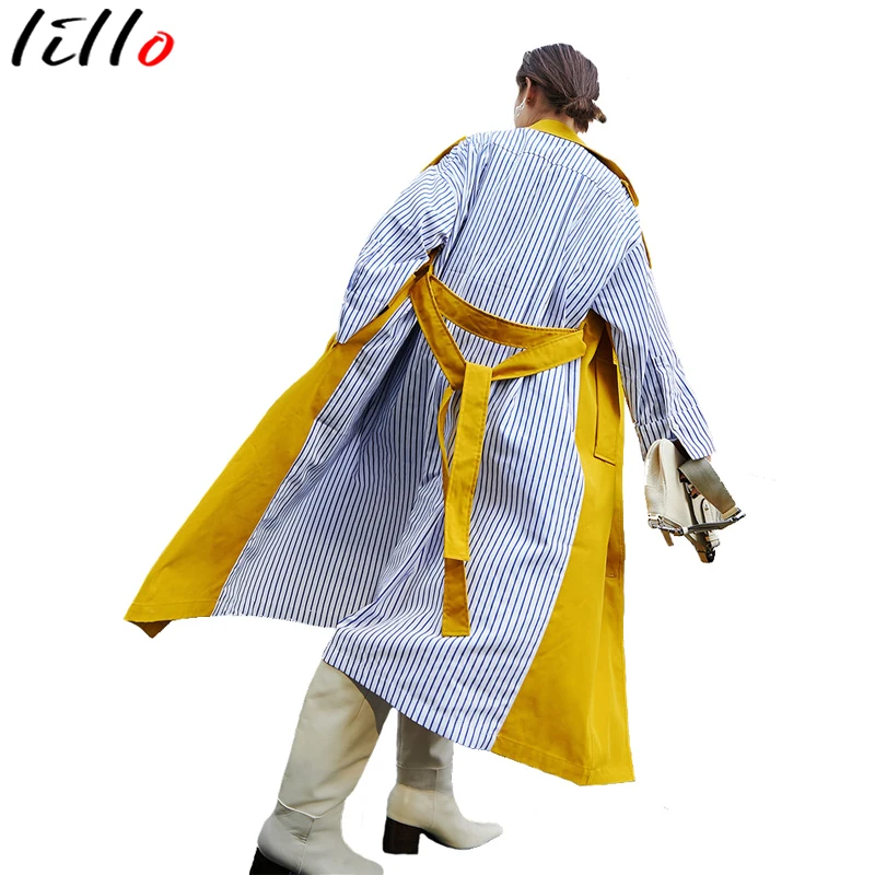 

womens clothing windbreaker Colorblocking stripes long trench coat handsome autumn loose British wind contrast color coat women