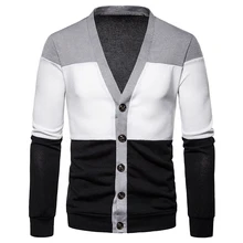 Fashion Men Cardigan Coats Buttoned Front V Neck Long Sleeves Striped Splicing Autumn Spring Sweater Vintage Casual Tops Outwear
