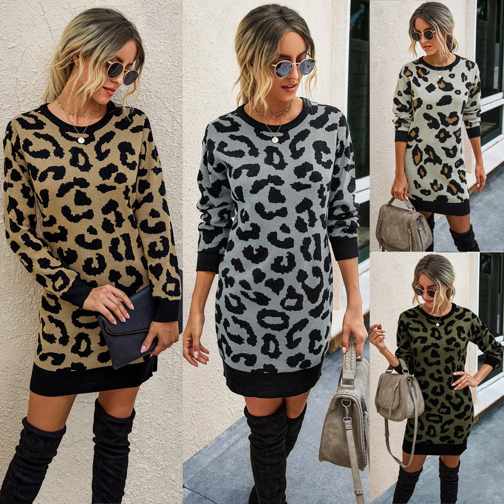 

GHZTYF Ladies Long Sleeve Pullovers Sweater Dresses Winter Leopard Package Hip Women Pullover Sweaters Dress