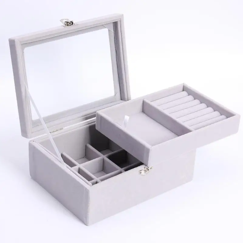 

Jewelry Display Velvet Gray Carrying Case with Glass Cover Jewelry Ring Display Box Tray Holder Storage Box Organizer
