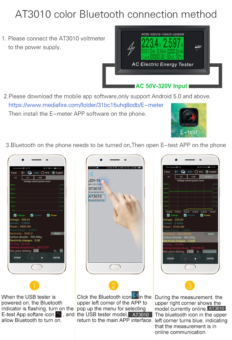 3KKW Digital Voltage phone app AC Meters indicator Power Energy