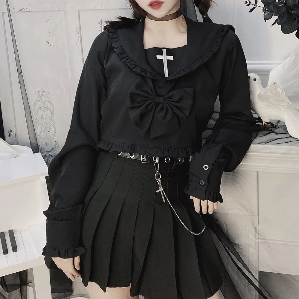 Gothic Women Goth Blouse Cross Print Stringy Selvedge Bowknot Geometric Pullover Long Sleeve Slim Top Preppy Young Girl Loli