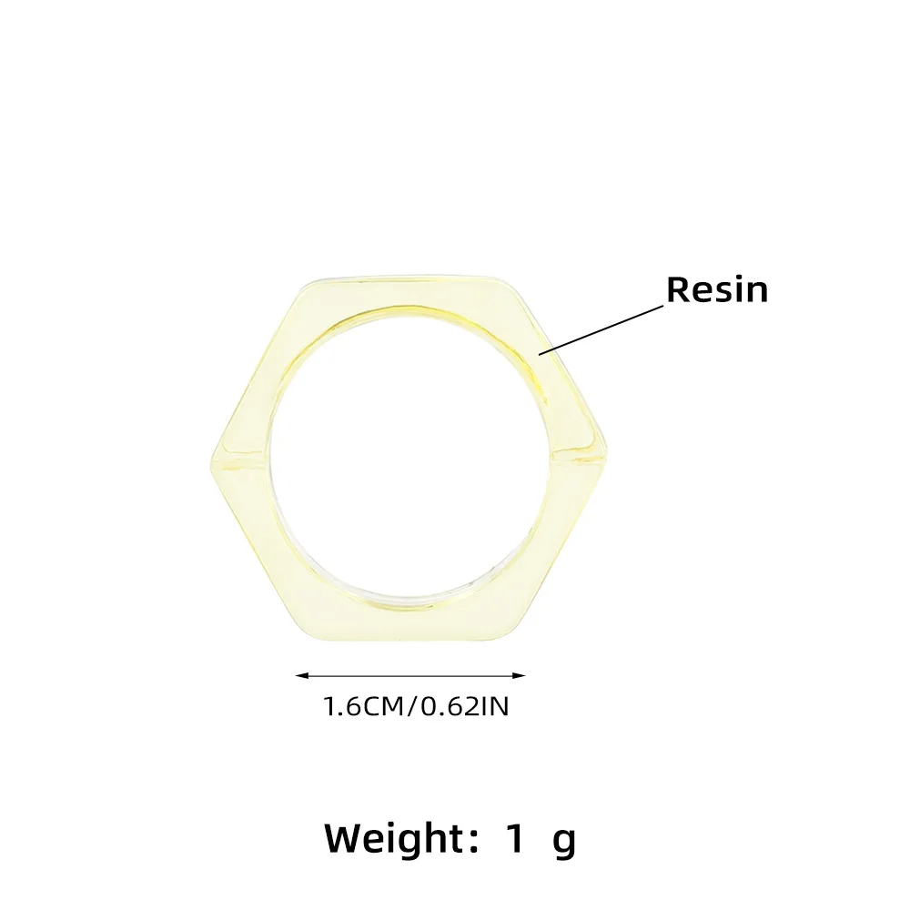 Fashion Candy Color Hexagon Transparent Resin Ring Couple Popular Hip-hop Ring Campus Party Accessories