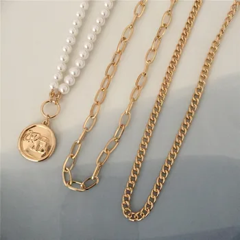 

New Fashion 3Pcs/Set Layered Necklace Linked Pearls Chain with Coin Pendant Necklace for Trendy Women Party Jewelry