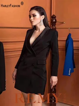 

2020 Autumn Europran And American Women Ladies Solid Color Notched Long Sleeve Double Breasted Causal Above Knee Dress